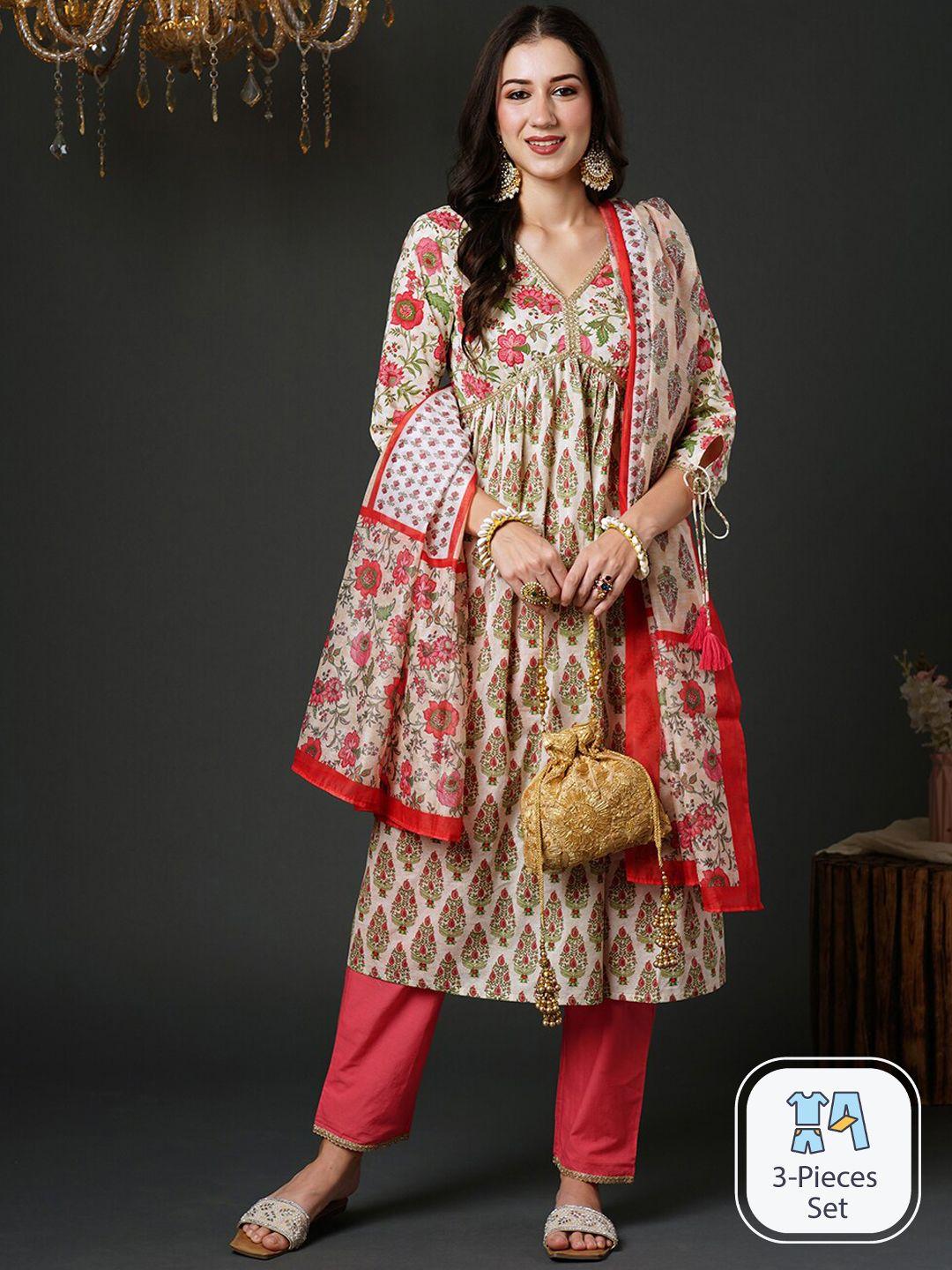 indo era floral print empire thread work pure cotton a-line kurta & trousers with dupatta