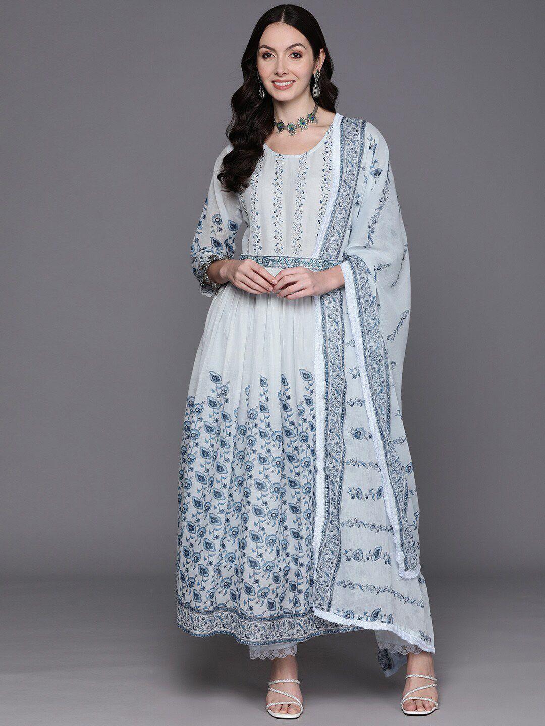 indo era floral printed beads & stones anarkali pure cotton kurta with trousers & dupatta