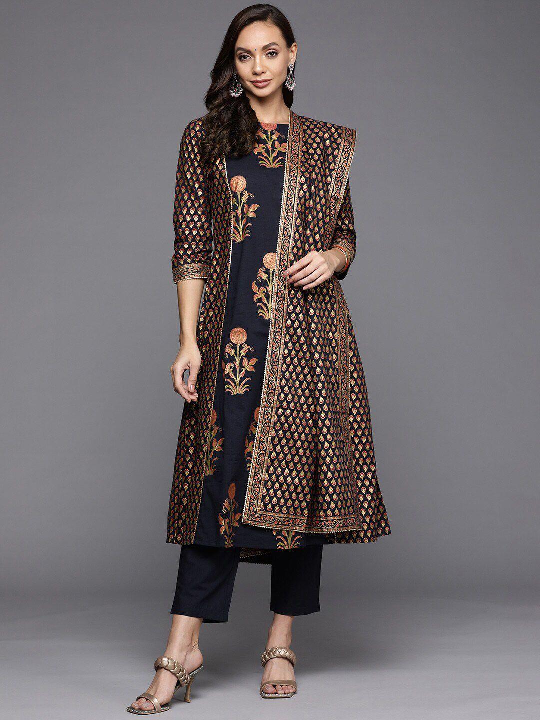 indo era floral printed boat neck a-line kurta with trousers & dupatta