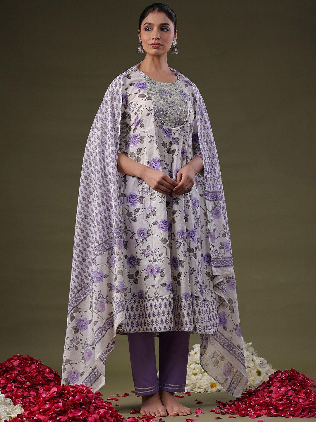 indo era floral printed empire sequinned pure cotton kurta with trousers & dupatta