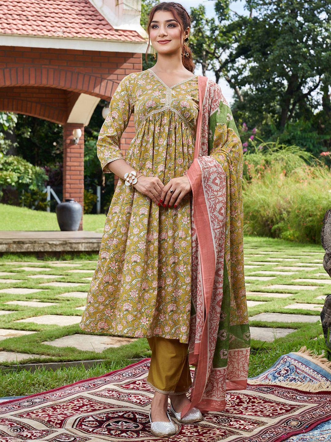 indo era floral printed empire thread work pure cotton kurta with trousers & with dupatta