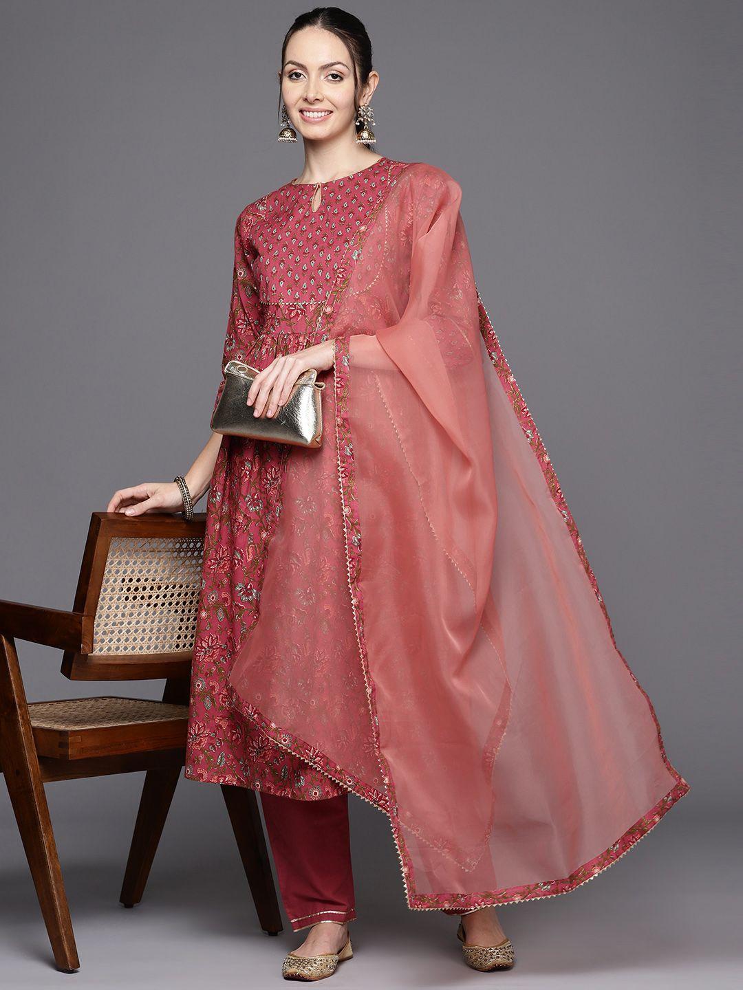 indo era floral printed gotta patti detail cotton anarkali kurta with trousers & dupatta