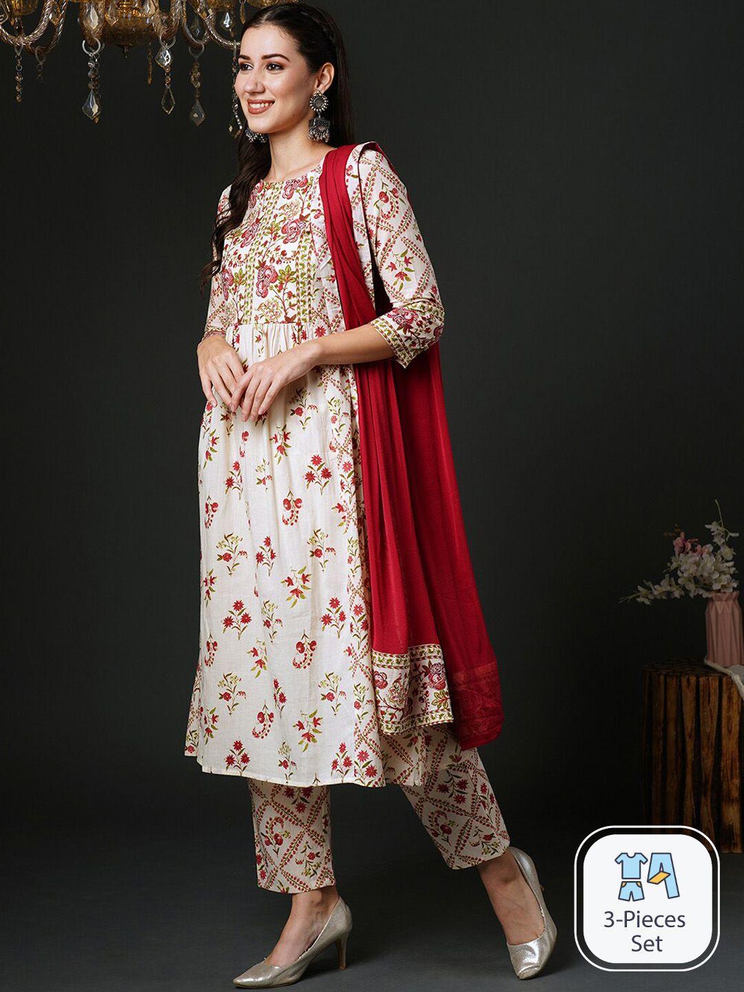 indo era floral printed kurta & trousers with dupatta