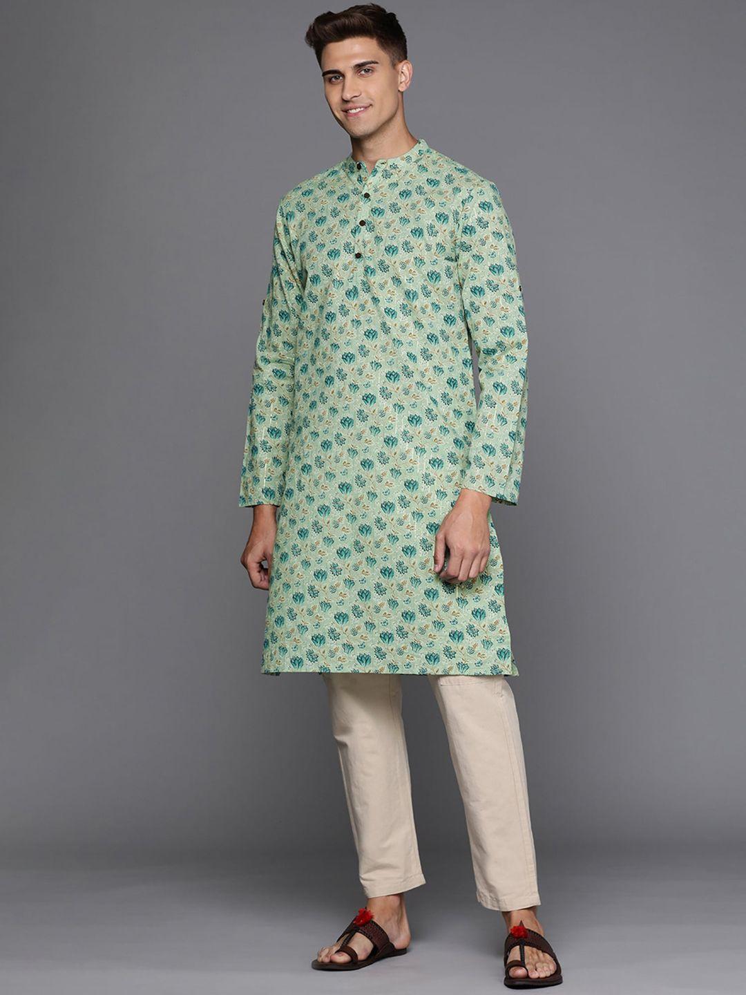 indo era floral printed mandarin collar cotton kurta