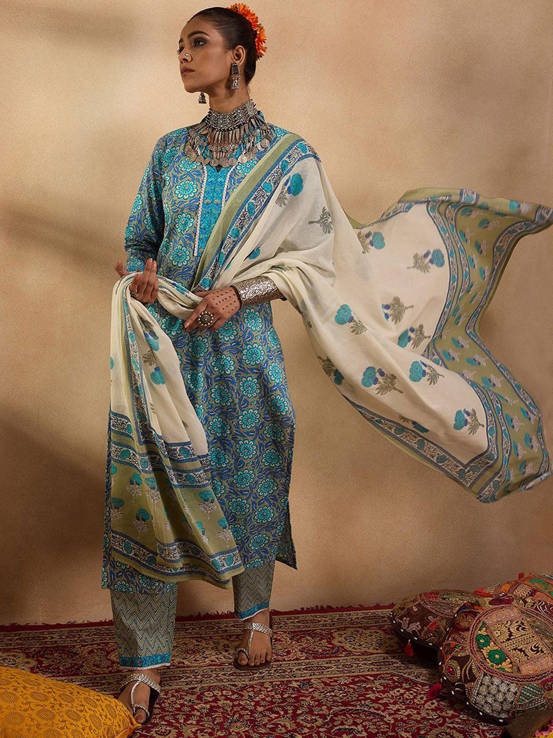 indo era floral printed pure cotton straight kurta with trousers & dupatta