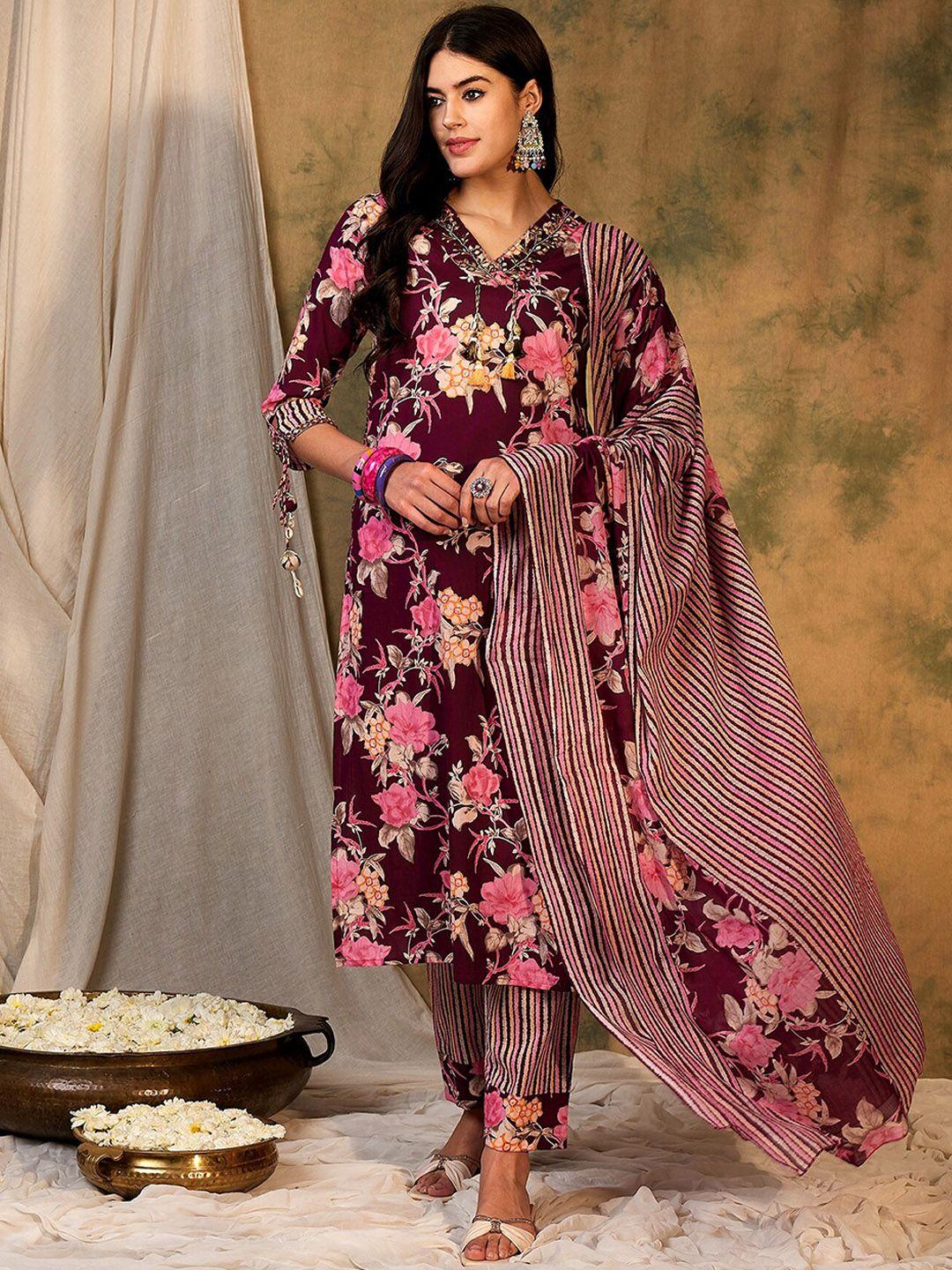 indo era floral printed regular gotta patti pure cotton kurta with trousers & with dupatta