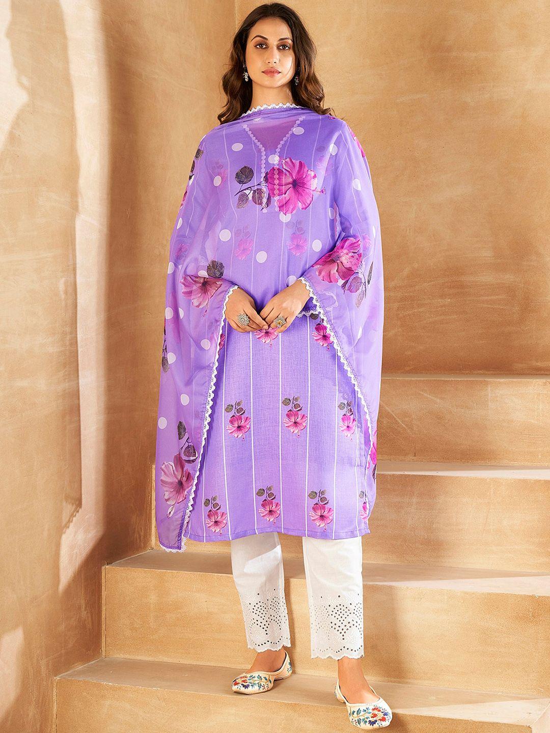 indo era floral printed regular linen straight kurta with trousers & dupatta