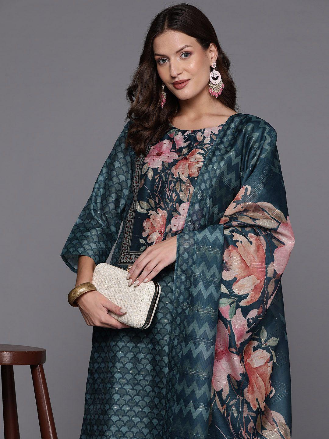 indo era floral printed regular sequinned kurta with trousers & dupatta