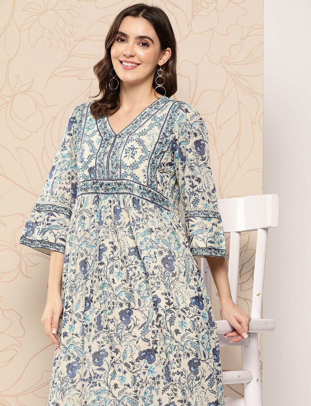 indo era floral printed sequinned flared sleeves a-line  dress