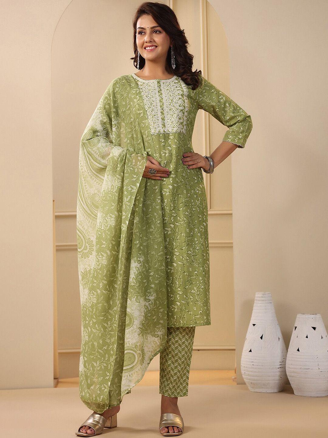 indo era floral printed thread work pure cotton straight kurta & trouser with dupatta