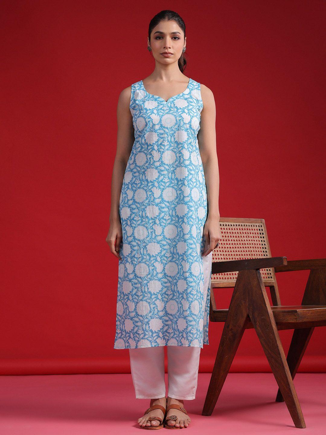 indo era floral printed v-neck regular cotton straight kurta