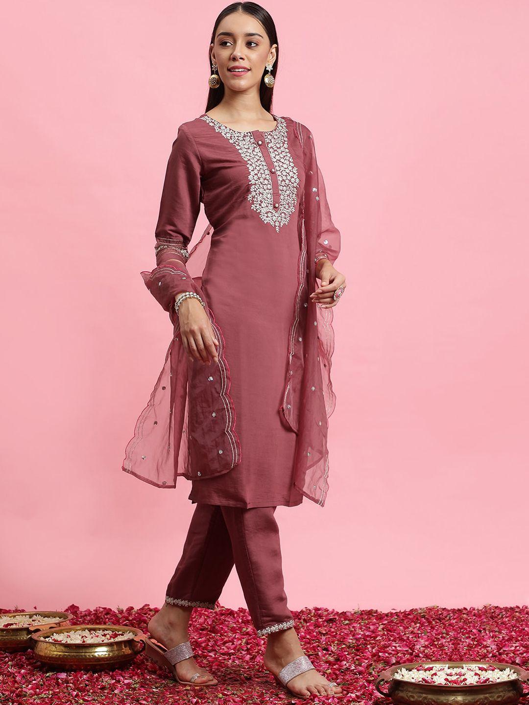 indo era floral yoke design thread work straight kurta & trouser with dupatta