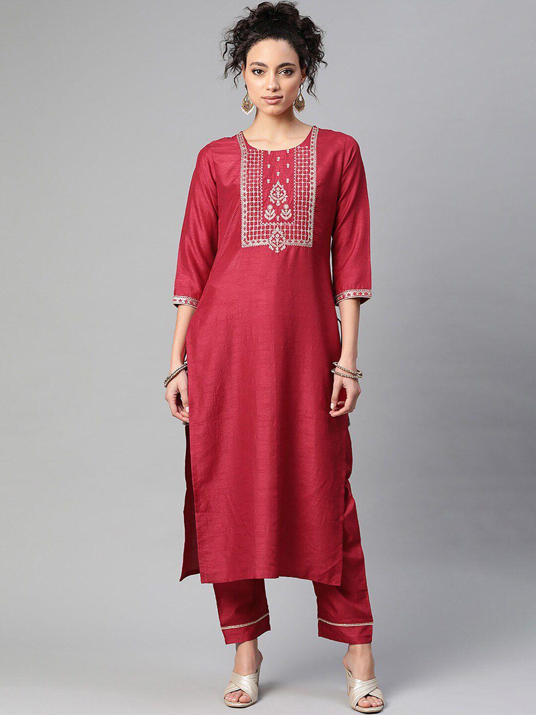 indo era floral zari embroidered yoke design straight kurta with trousers