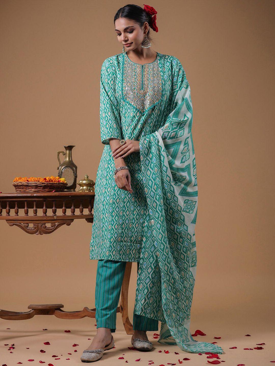 indo era geometric printed sequined pure cotton straight kurta with trouser & dupatta