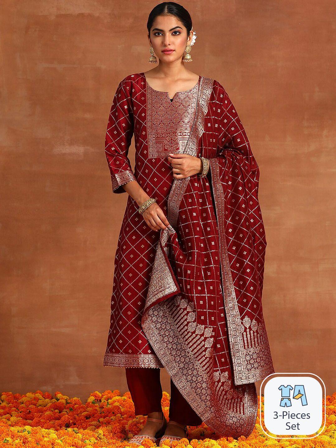 indo era geometric woven designed zari detailed kurta & trousers with dupatta