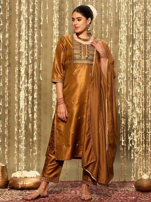 indo era golden embroidered kurta and pant set with dupatta