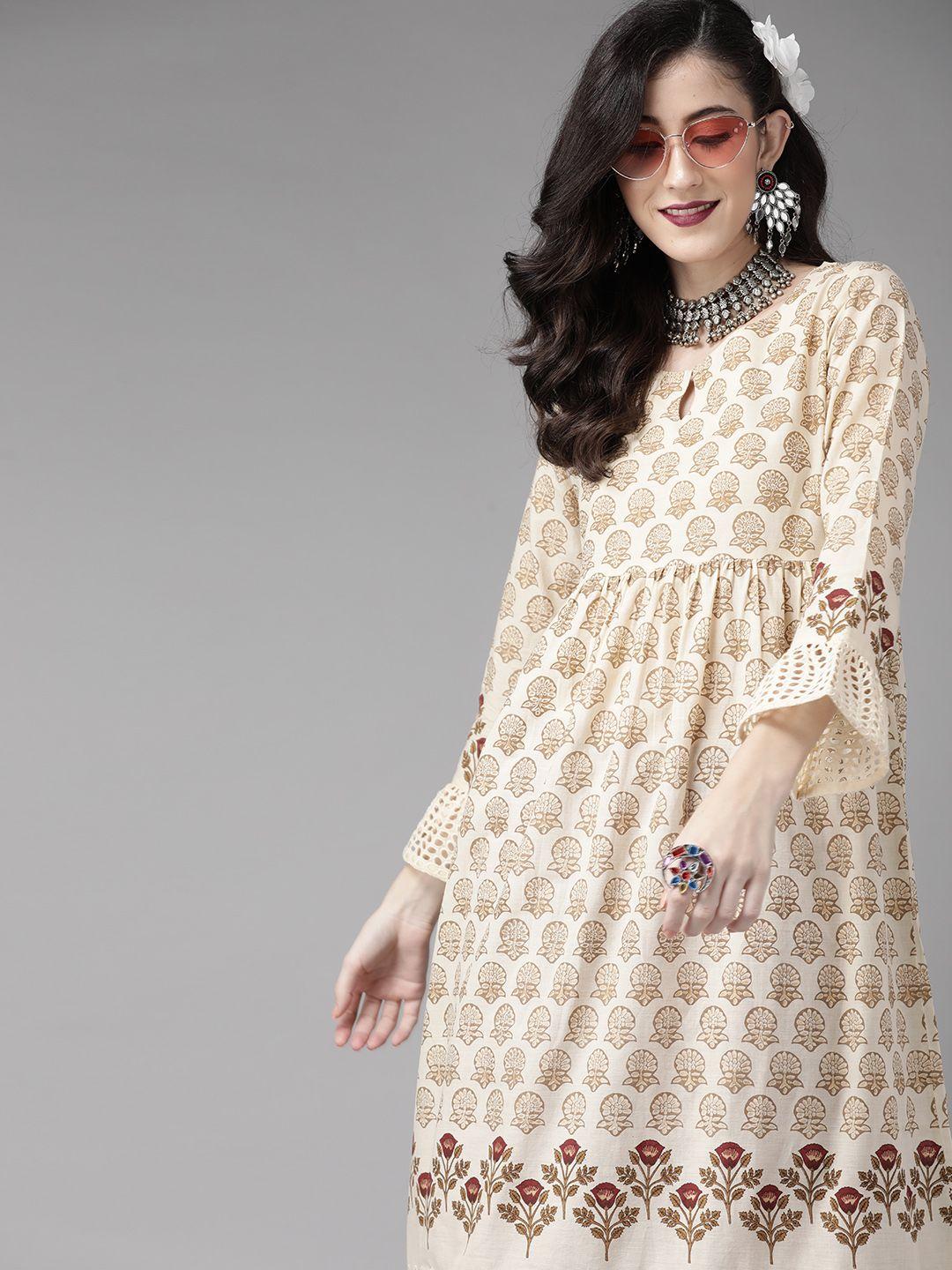 indo era gorgeous cream and brown ethnic motifs printed cotton kurta