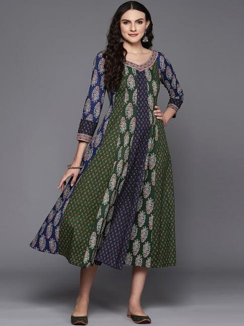 indo era green & navy cotton printed dress