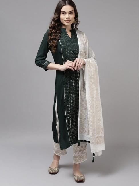 indo era green & white embellished kurta pant set with dupatta