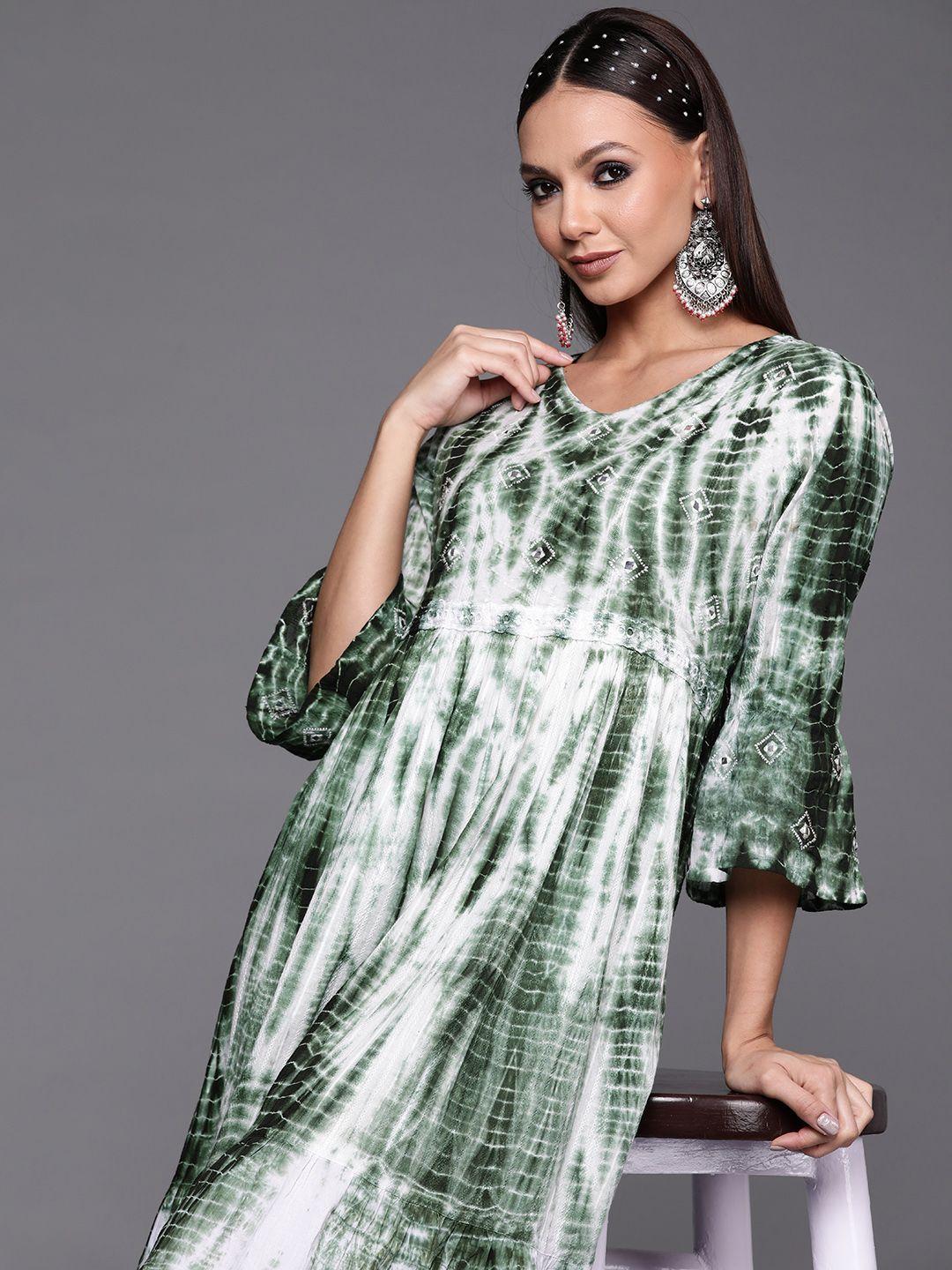 indo era green & white tie and dye dyed ethnic a-line midi dress