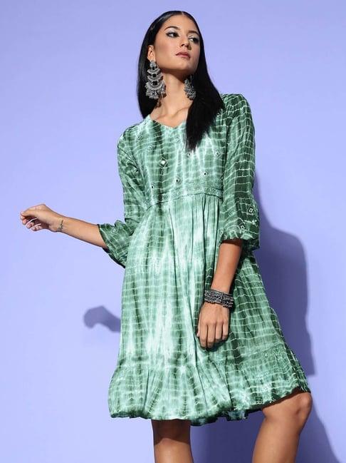 indo era green cotton embroidered a-line dress