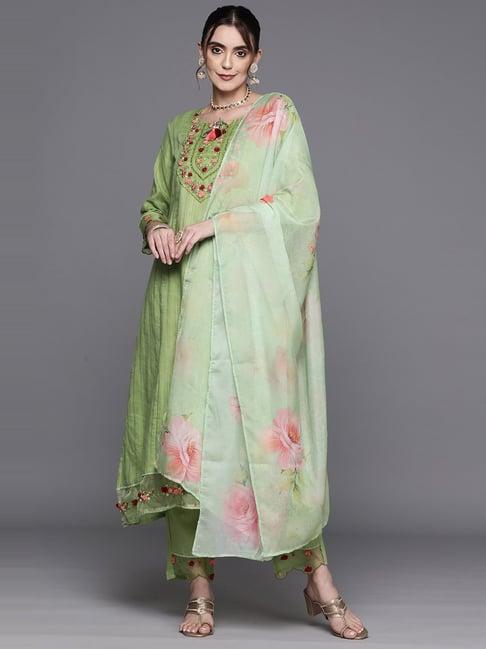 indo era green cotton embroidered kurta pant set with dupatta