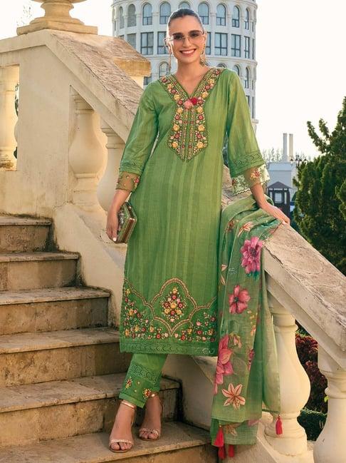 indo era green cotton embroidered kurta pant set with dupatta