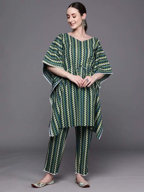 indo era green cotton printed kaftan & pant set