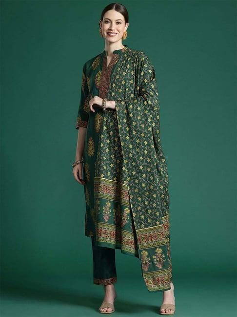 indo era green cotton printed kurta pant set with dupatta