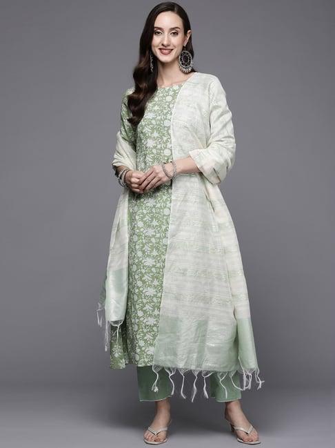 indo era green cotton printed kurta pant set with dupatta