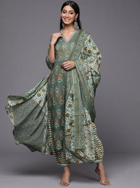 indo era green cotton printed kurta salwar set with dupatta