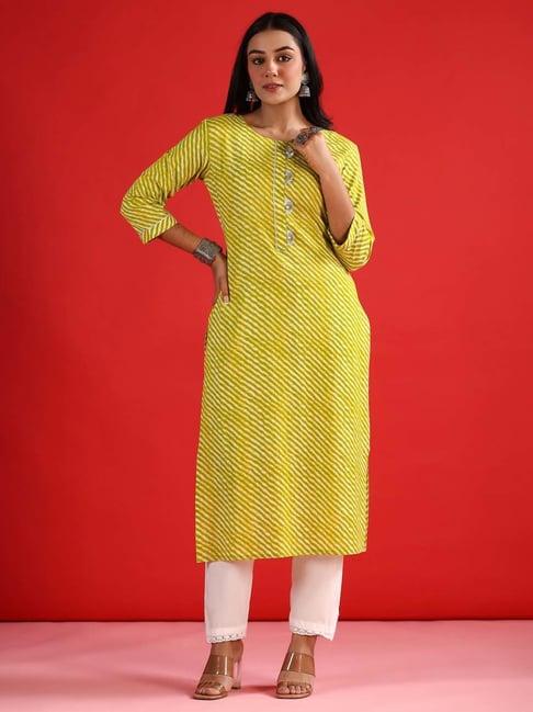 indo era green cotton striped straight kurta