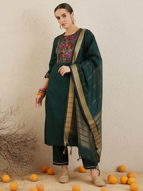 indo era green cotton woven pattern kurta pant set with dupatta