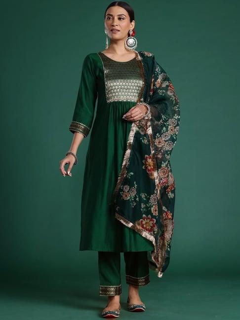 indo era green cotton woven pattern kurta pant set with dupatta