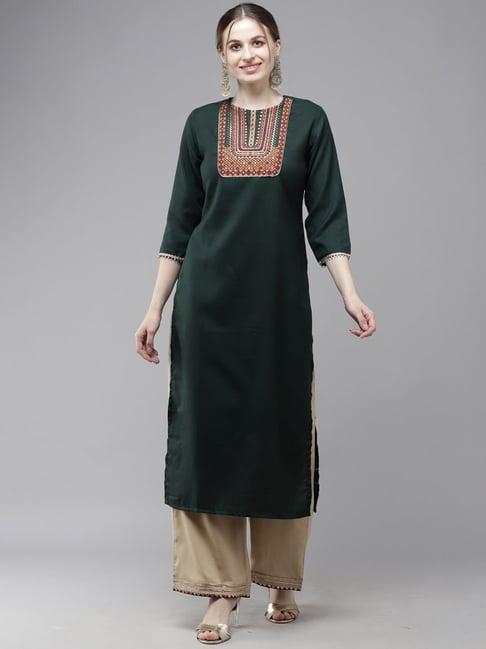 indo era green cotton woven pattern straight kurta