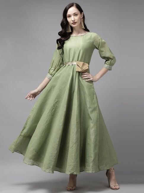 indo era green embellished a line kurta