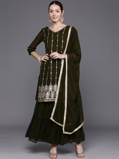 indo era green embellished kurti sharara set with dupatta