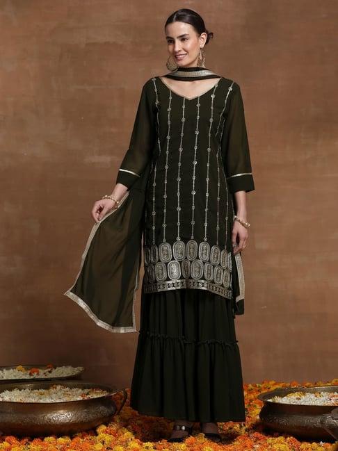 indo era green embellished kurti sharara set with dupatta