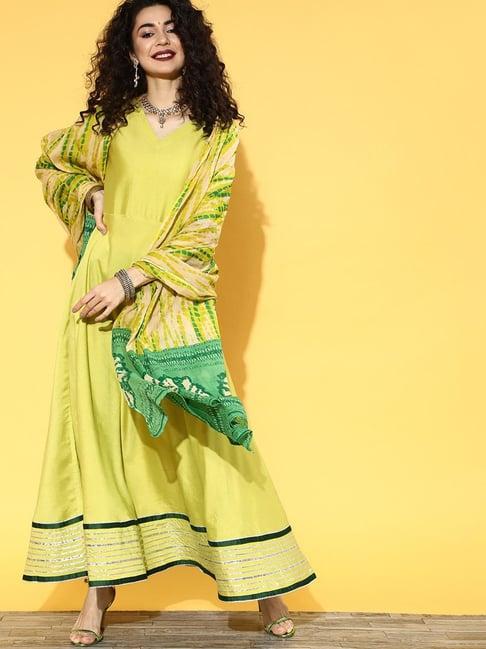 indo era green embroidered a line kurta