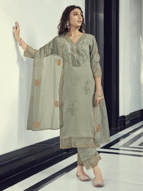 indo era green embroidered kurta palazzo set with dupatta