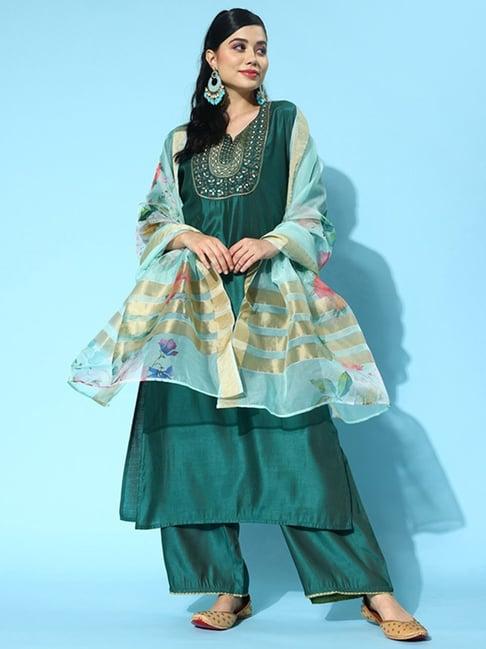 indo era green embroidered kurta palazzo set with dupatta