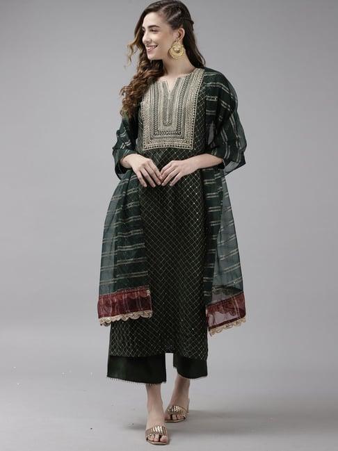 indo era green embroidered kurta palazzo set with dupatta