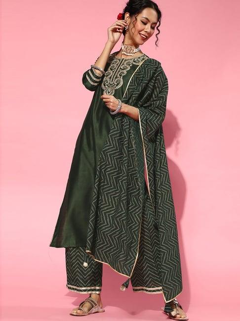 indo era green embroidered kurta palazzo set with dupatta