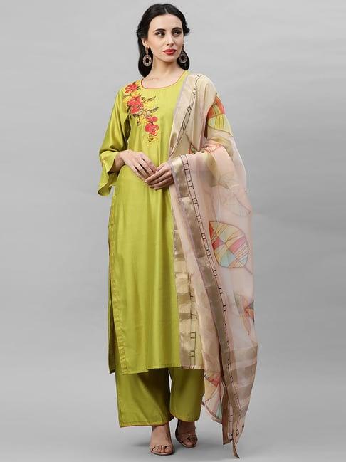 indo era green embroidered kurta palazzo with dupatta sets