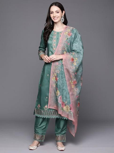 indo era green embroidered kurta pant set with dupatta