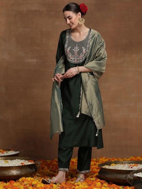 indo era green embroidered kurta pant set with dupatta