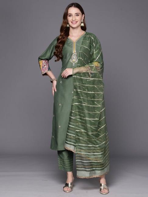 indo era green embroidered kurta pant set with dupatta