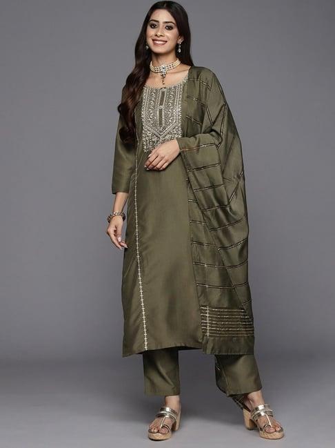 indo era green embroidered kurta pant set with dupatta