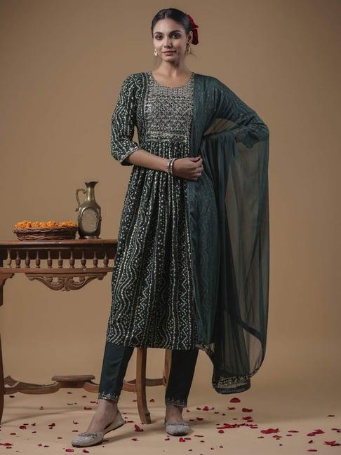 indo era green embroidered kurta pant set with dupatta