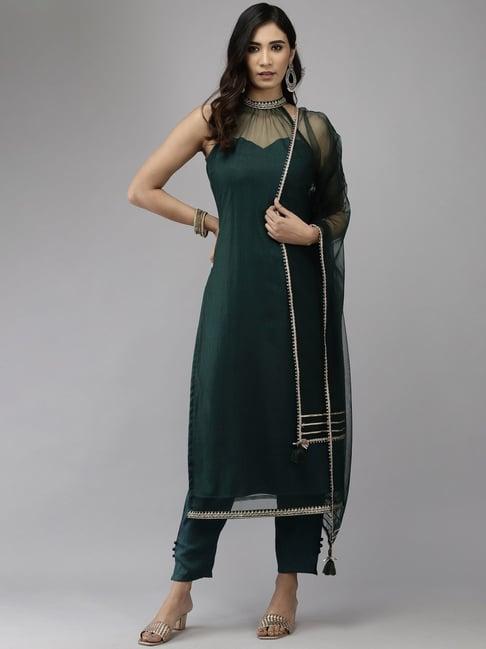 indo era green embroidered kurta pant set with dupatta